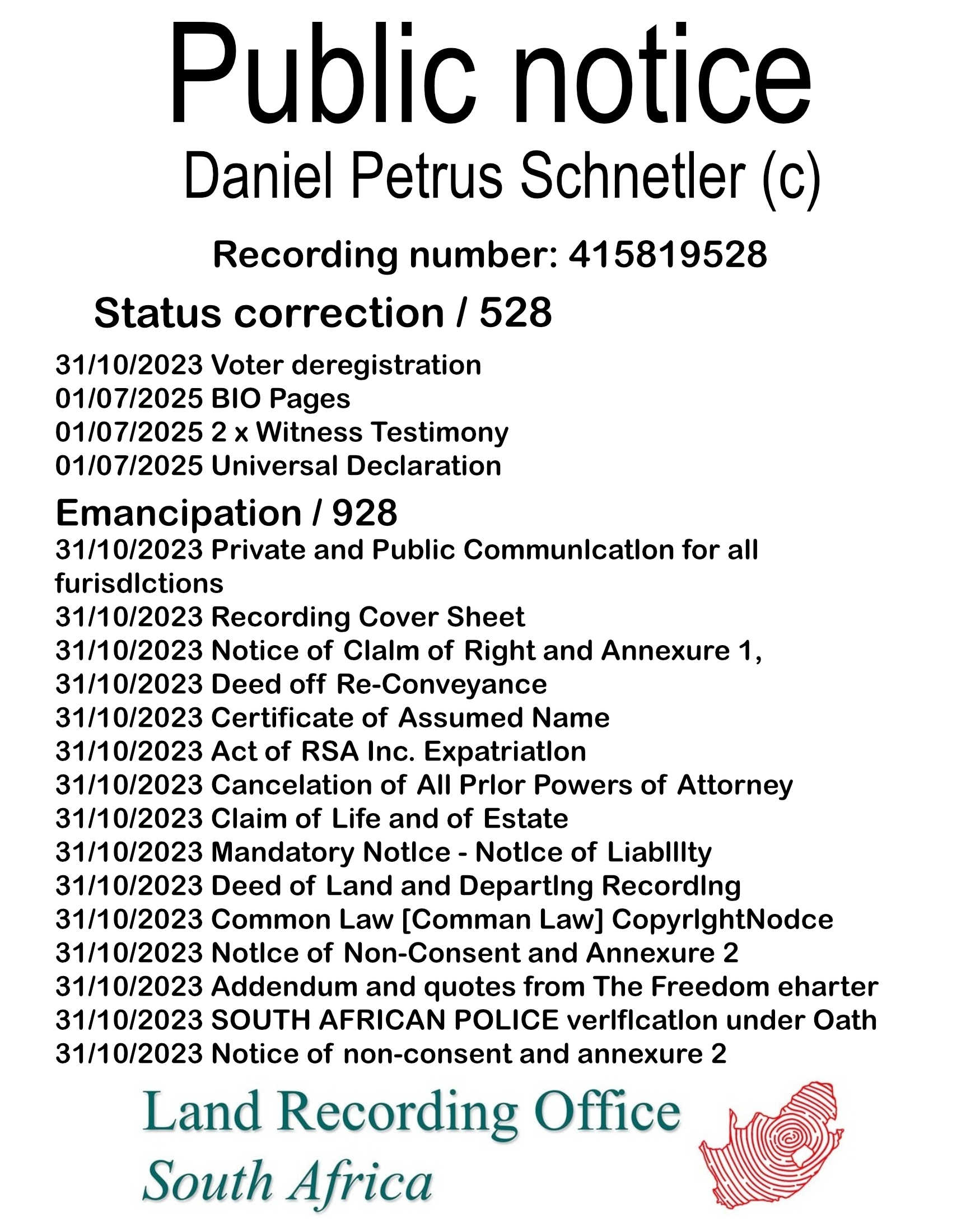 Public notice Daniel Petrus Schnetler (c) Recording number 415819528